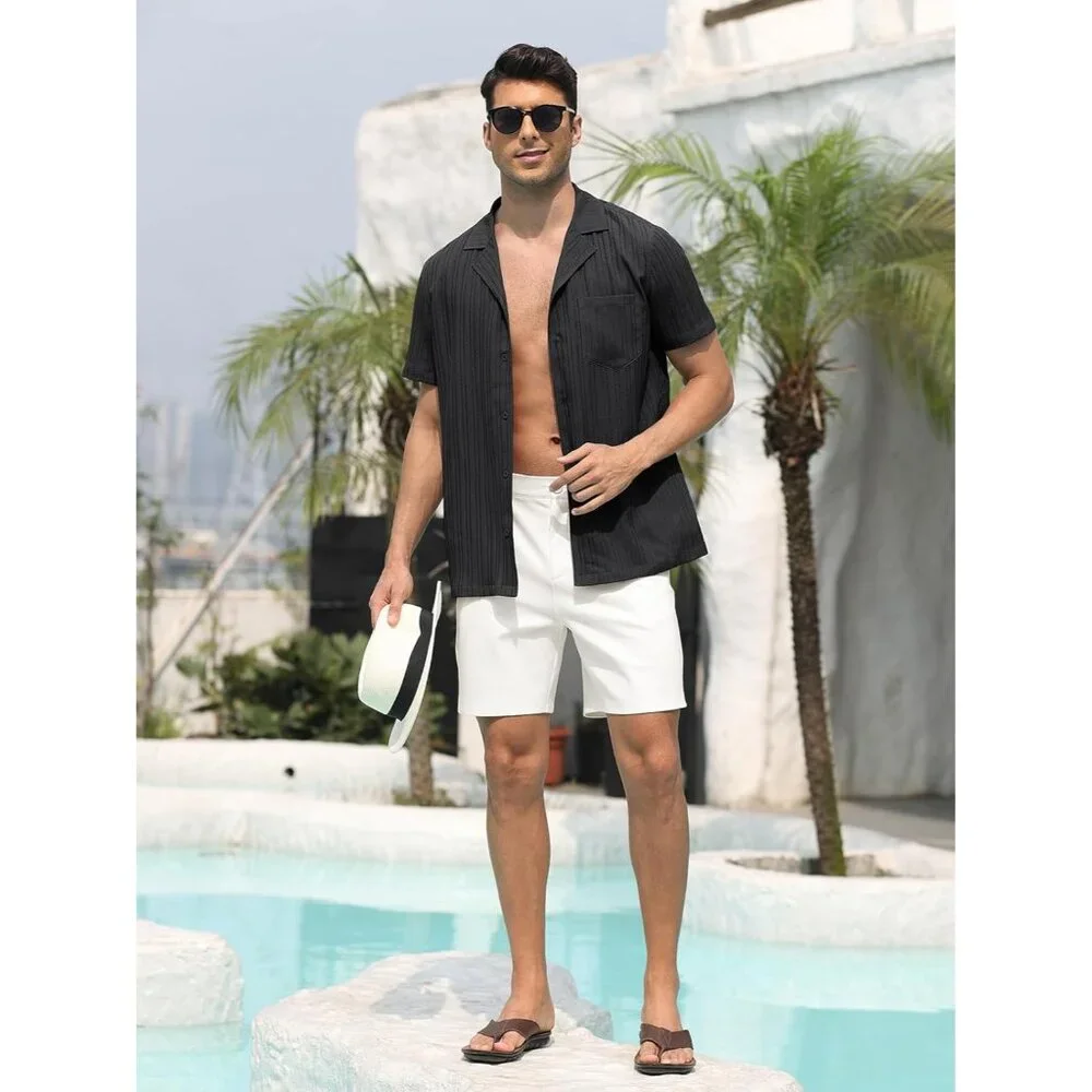 Men Black Casual Cuban Lightweight Short Sleeve Button Down Shirt Textured Beach - Picture 3 of 6